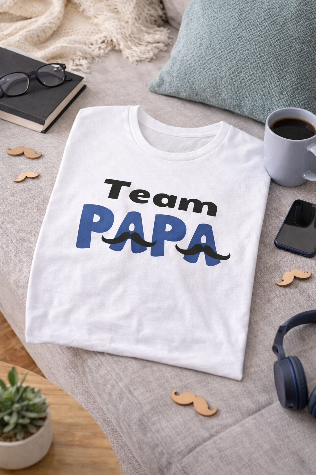 Papa T-Shirt „Team Papa“ – Lustiges Herren Shirt mit Schnurrbart Design – Geschenkidee für Väter