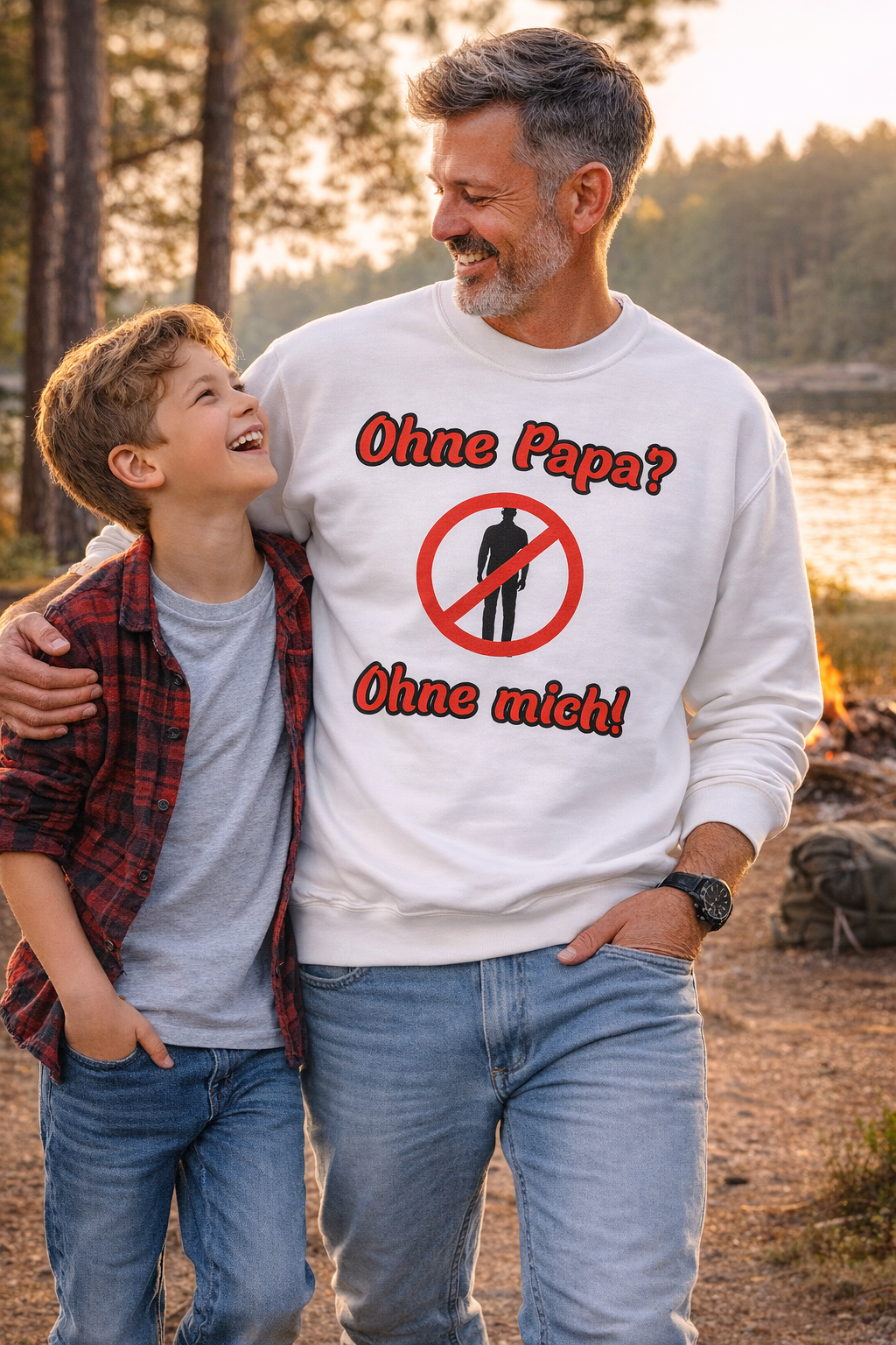 Weißes und aschefarbenes Unisex-Sweatshirt mit dem humorvollen Aufdruck „Ohne Papa? Ohne mich!“ und einem Verbotszeichen als witziges Designelement.