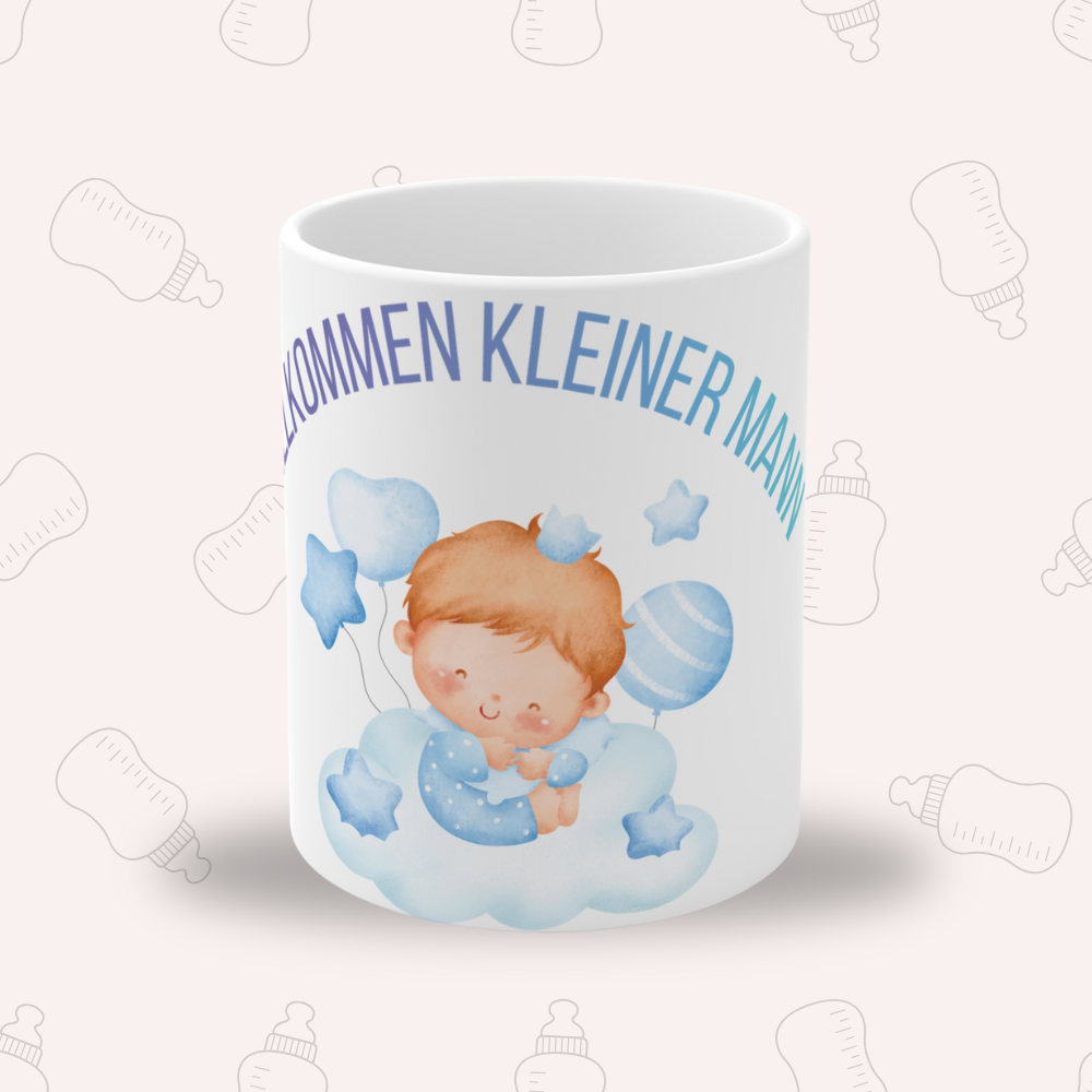 Baby Tasse Junge – Willkommen kleiner Mann | Geschenk zur Geburt | Babyparty Tasse 330 ml